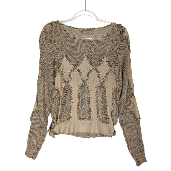 Vintage 80's Norma Canada Crochet & Leather Patch Sweater Sheer Tan SEE Measure - Picture 2 of 11